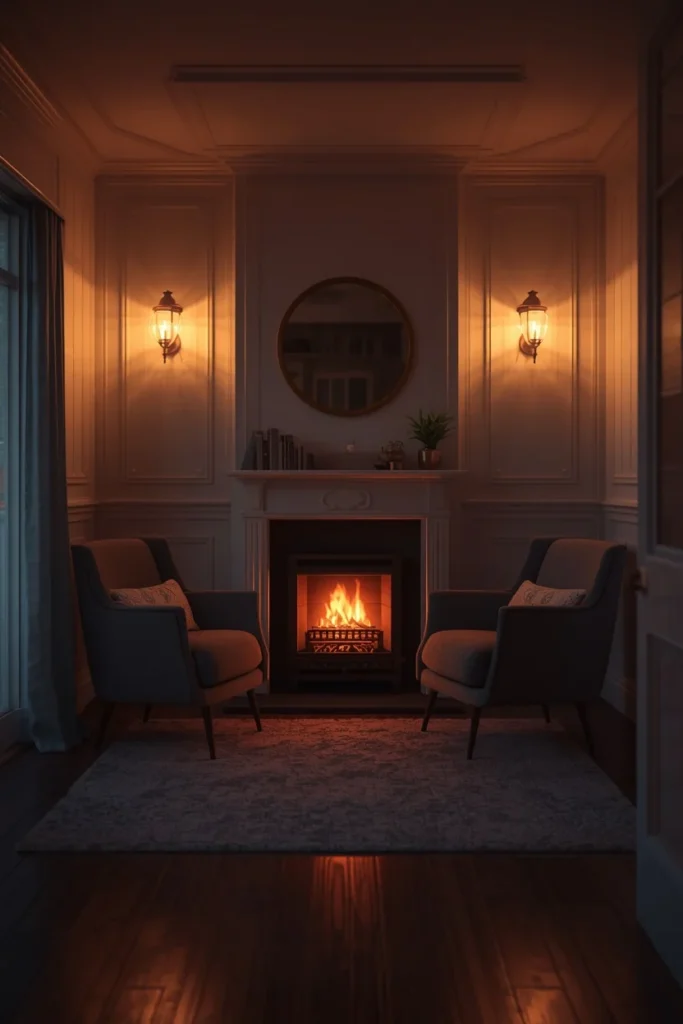  she shed lounge, featuring a small electric fireplace