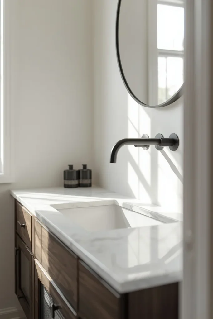18 Small Bathroom Ideas That Pack Maximum Style Into Minimal Space 14 small bathroom, featuring a matte black wall-mounted faucet