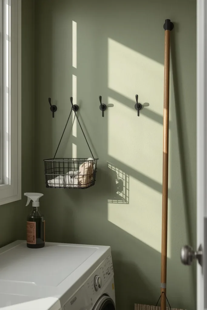 21 Small Laundry Room Ideas That Pack Function & Style Into Every Inch 14 small laundry room, featuring a sage green painted pegboard wall