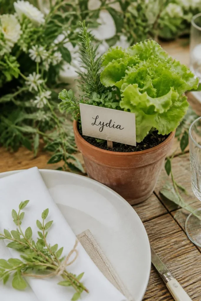 16 Spring Tablescape Ideas That Make Every Meal Feel Like a Garden Party 14 close-up of a garden party place setting featuring a small terracotta pot planted