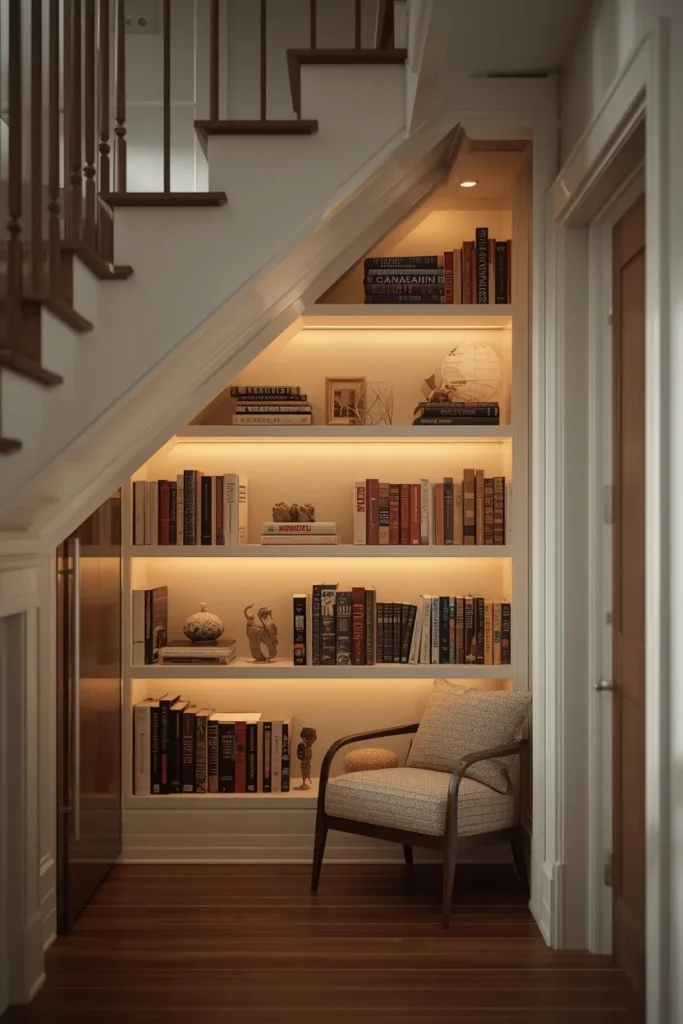 under-stair storage nook, featuring built-in open shelving with books 