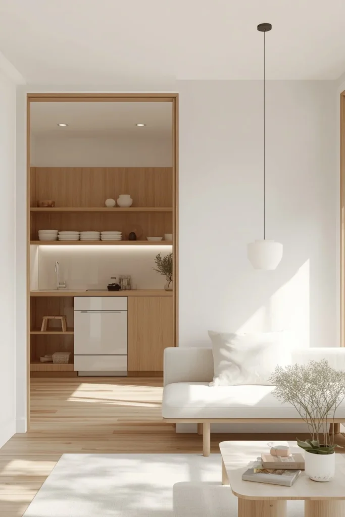  Japandi-style studio apartment, featuring soft white walls,