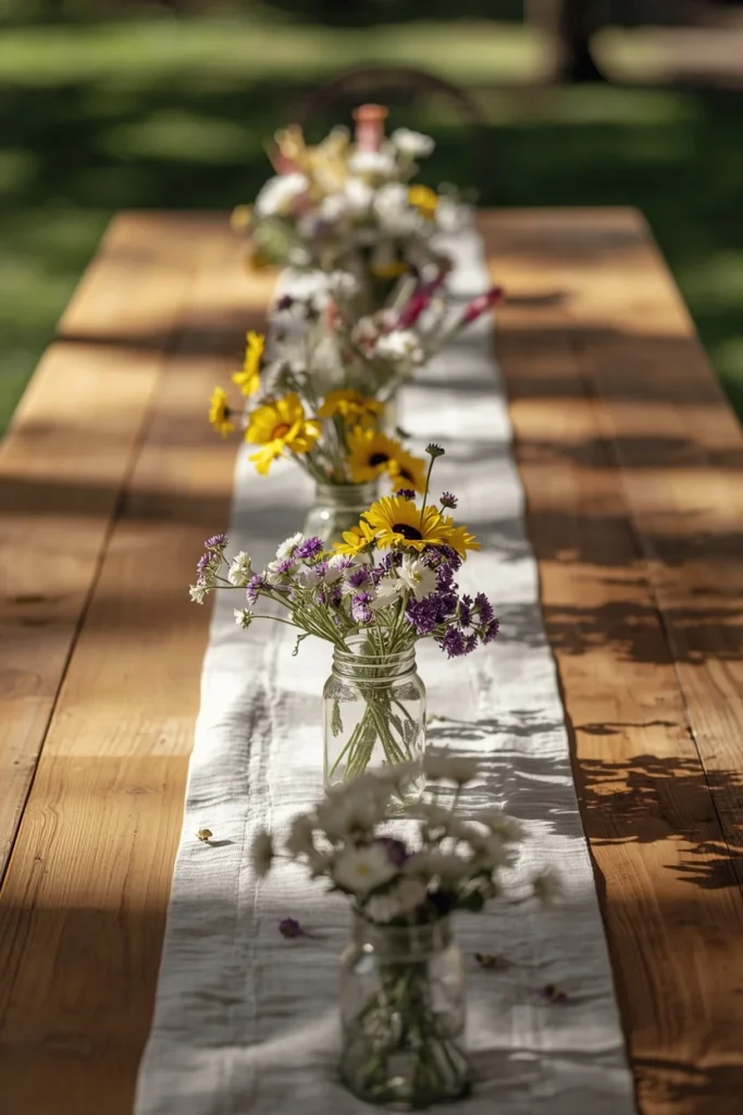 outdoor dining table wide shot, featuring a row of small mason jars