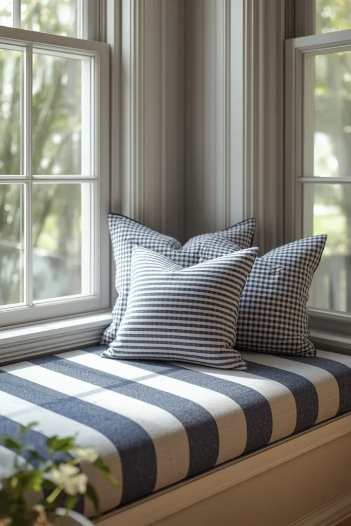 summer house window seat, featuring a cushion upholstered