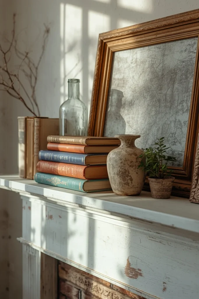 fireplace mantel, featuring a stack of worn vintage books, 