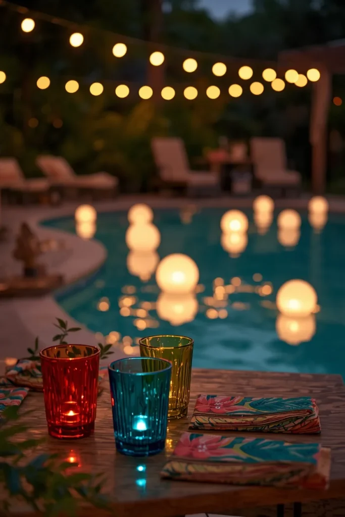 poolside evening party scene featuring a serving table 