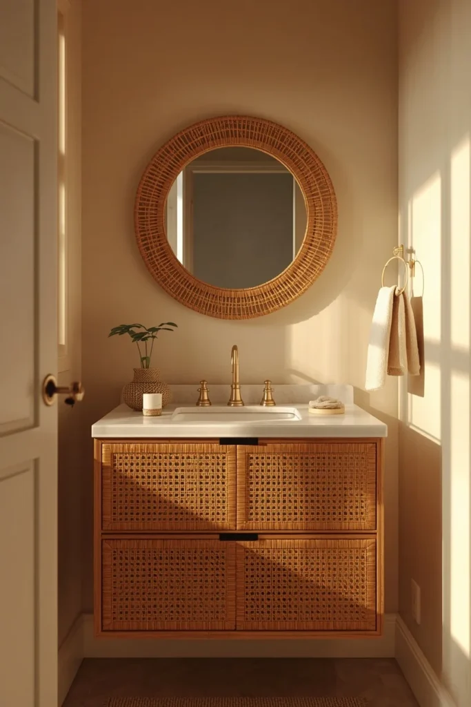 small powder room, featuring a rattan-front floating vanity cabinet,