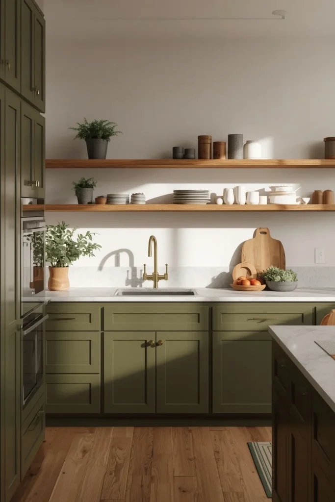  kitchen, featuring olive green cabinetry paired with natural wood open shelving