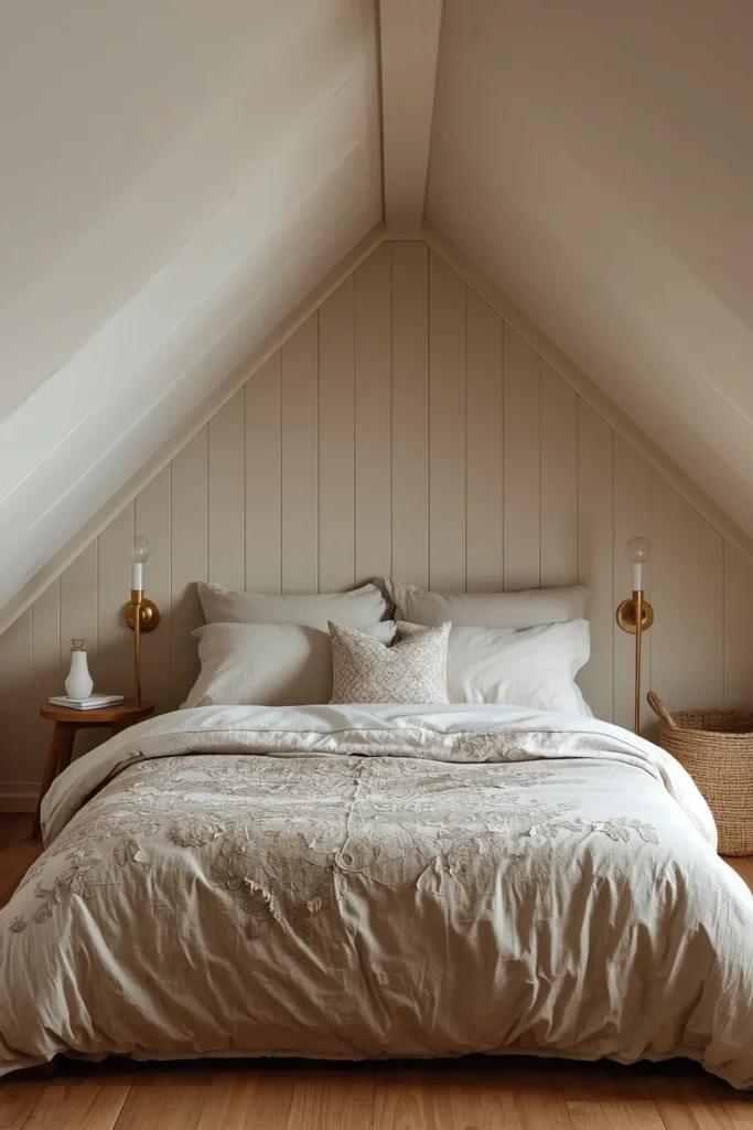 attic bedroom shot, featuring linen bedding with a muted floral pattern,