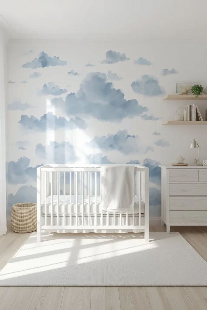 18 Baby Boy Nursery Themes That Are Cute, Creative & Absolutely Charming 15 baby nursery, featuring a soft blue watercolor-style cloud wallpaper