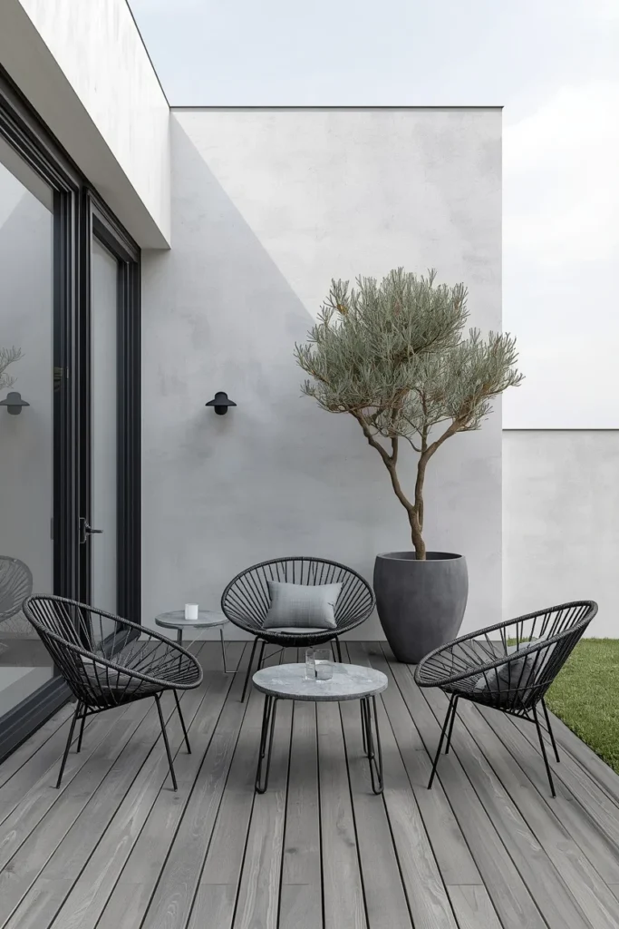 20 Back Deck Ideas That Make Your Outdoor Space Impossibly Inviting 15 minimalist deck, featuring charcoal metal-framed outdoor furniture,