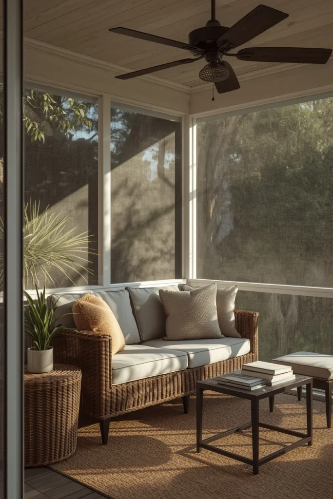 17 Back Patio Ideas That Transform Any Outdoor Space Into a Cozy Retreat 15 patio lounge, featuring fine mesh screen walls,