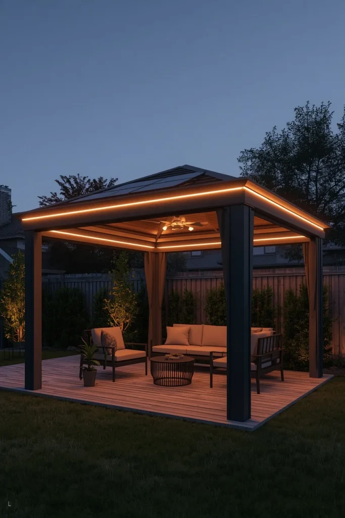 backyard, featuring a modern gazebo with discreet solar panels