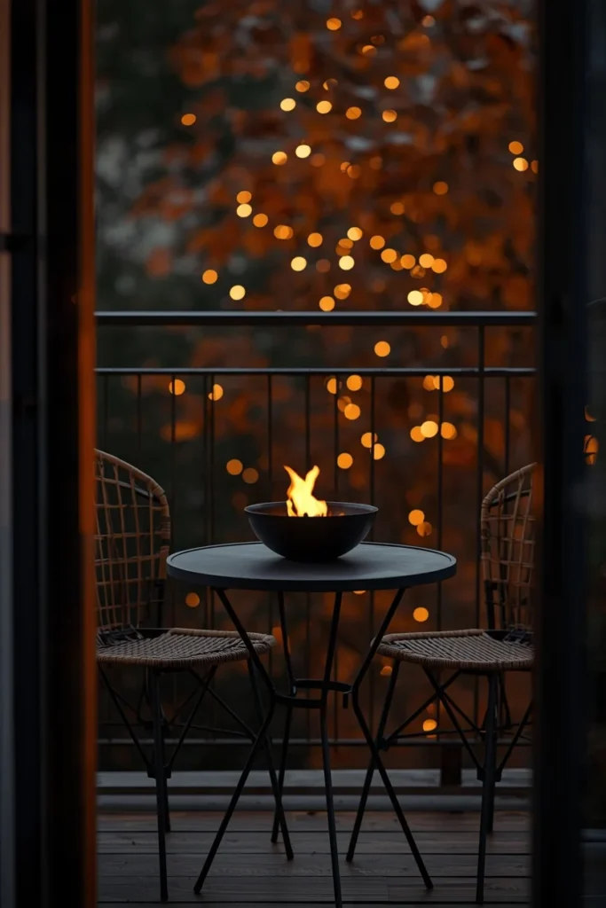 25 Balcony Ideas That Turn Even the Smallest Outdoor Space Into a Retreat 15 small balcony evening scene, featuring a tabletop fire bowl on a round table,