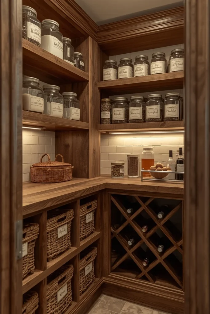 basement pantry storage wall, featuring open wood shelving 