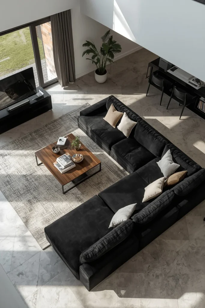  living room, featuring a black modular sectional sofa