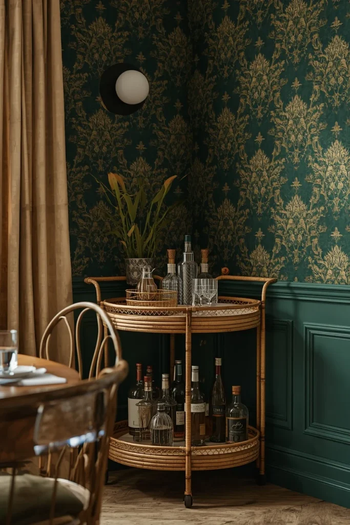 16 Boho Dining Room Ideas That Are Colorful, Layered & Totally Stunning 15 dining room corner, featuring a rattan and brass bar cart