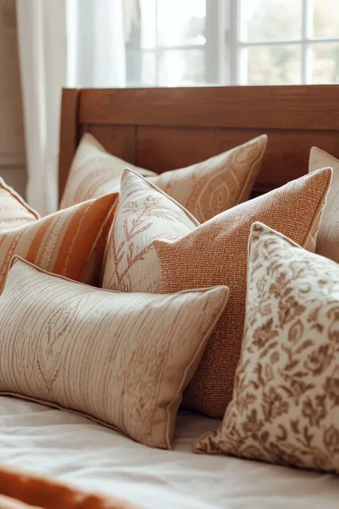 close-up bed styling shot, featuring five mixed-pattern throw pillows 
