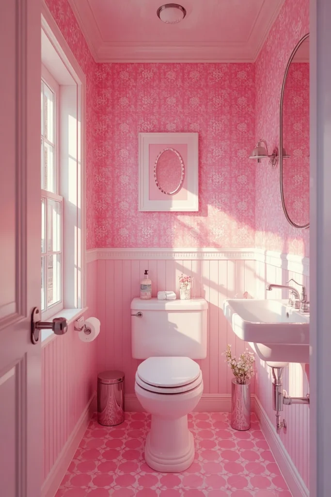 bathroom, featuring bubblegum pink patterned wallpaper, 