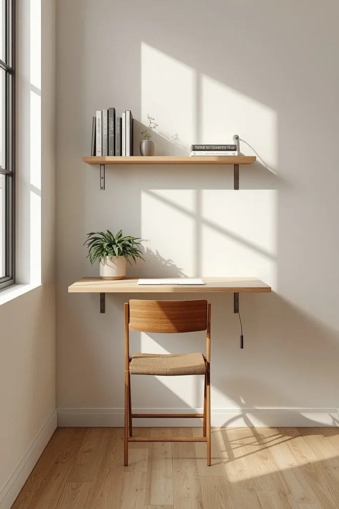 small study space, featuring a wall-mounted floating wood desk