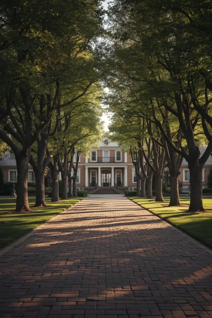  grand traditional home exterior, featuring a long paver driveway