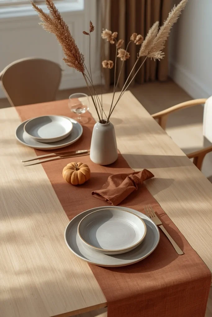 16 Fall Table Decor Ideas That Turn Every Dinner Into an Autumn Celebration 15 fall table featuring a rust-toned linen runner on a plain wood table,