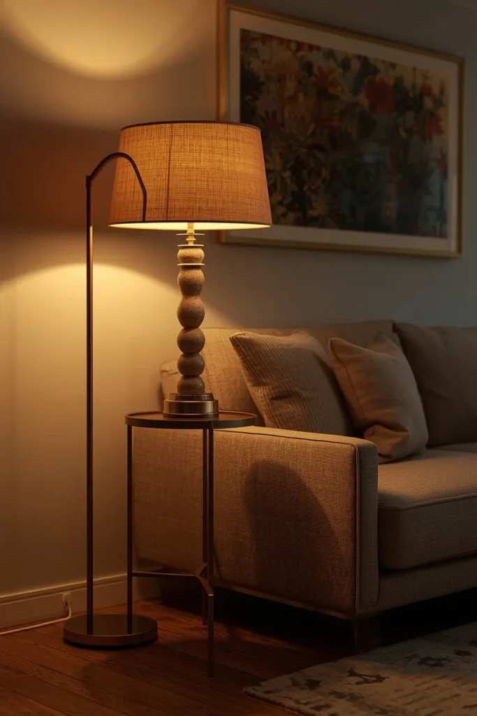 family room, featuring a floor lamp and two table lamps