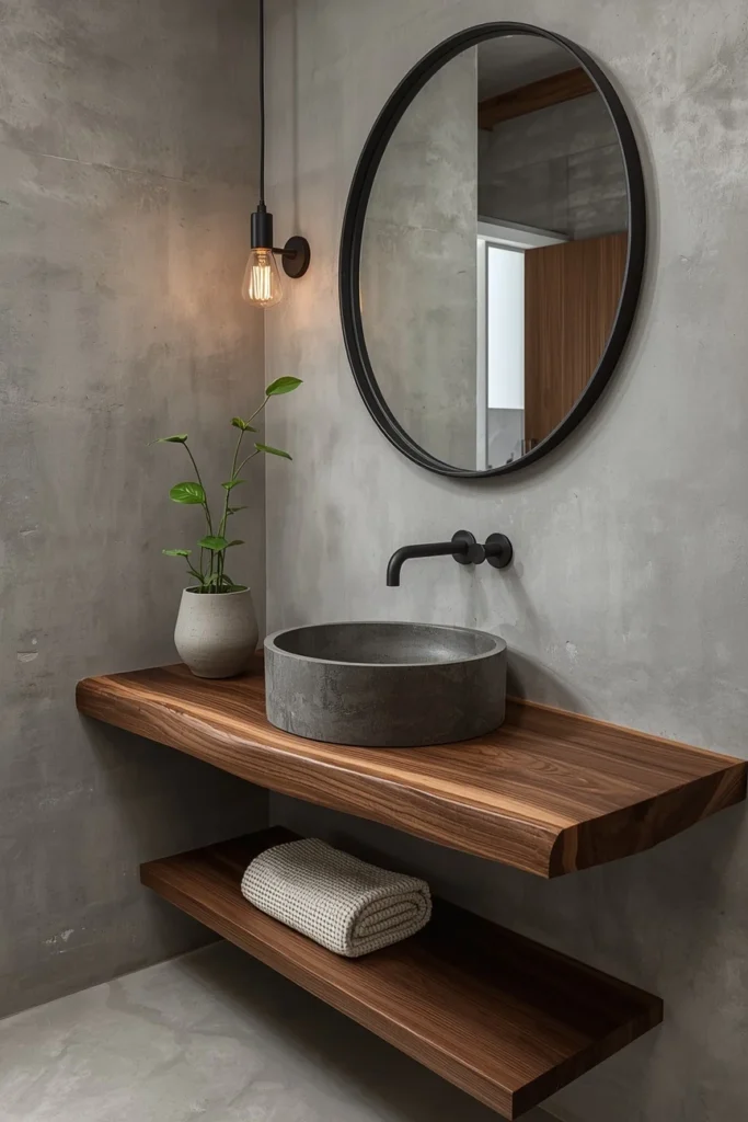 20 Farmhouse Bathroom Ideas That Are Rustic, Cozy & Utterly Gorgeous 15 rustic farmhouse bathroom with raw concrete textured walls