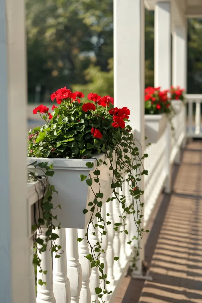 22 Front Porch Flower Ideas That Make Your Home's Entrance Bloom Beautifully 15 white porch railing lined with rectangular planter boxes