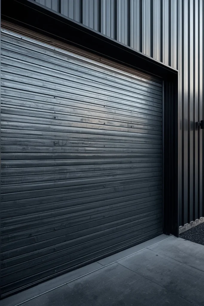 modern industrial home exterior, featuring a raw corrugated steel garage door 