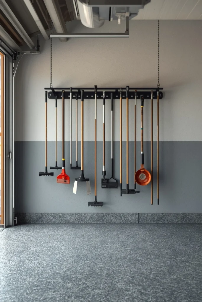 19 Garage Storage Ideas That Finally Tame the Chaos & Look Great Doing It 15 garage wall detail, featuring a horizontal tension rack