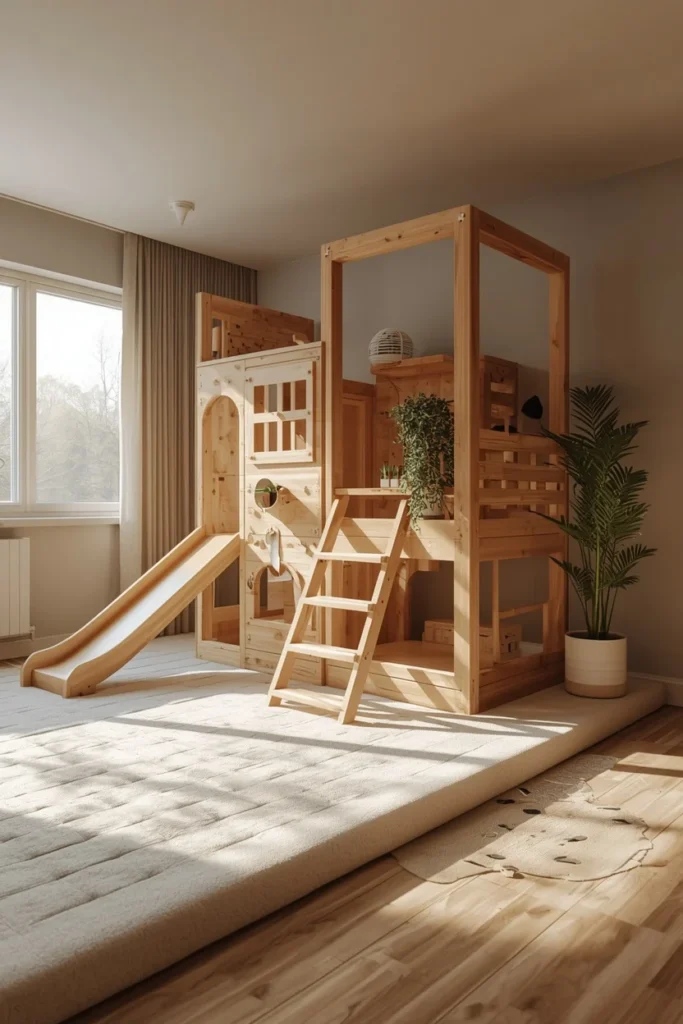 children's playroom, featuring a modular wood climbing structure 