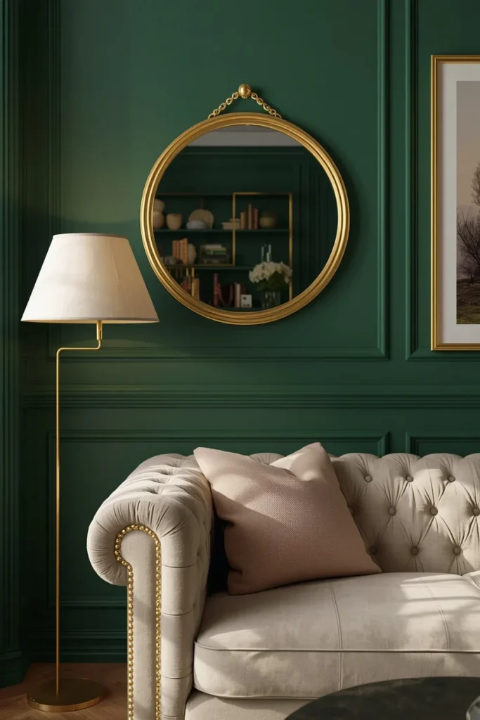 16 Green Living Room Ideas That Bring Life, Calm & Color to Any Space 15 living room, featuring emerald green walls, brass framed mirror