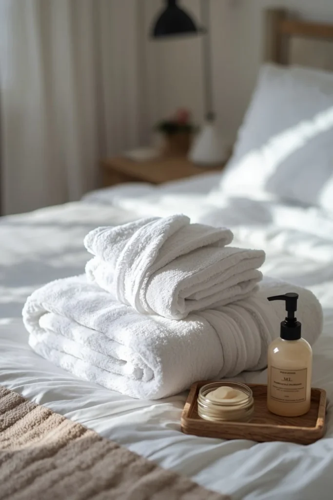  guest bedroom, featuring a stack of fluffy white folded towels