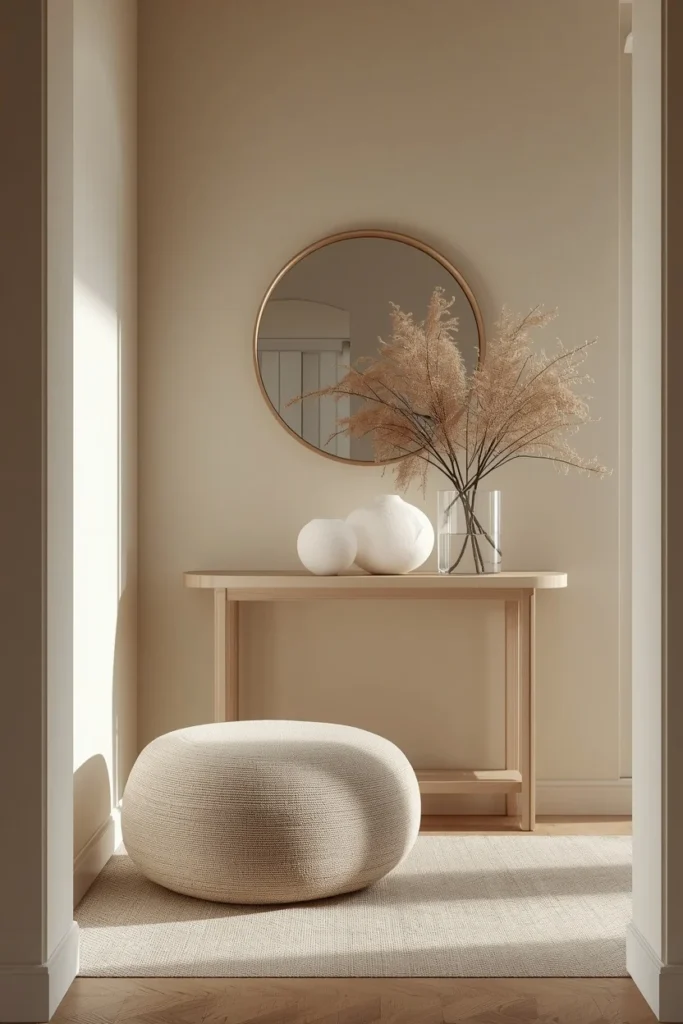 22 Home Entrance Decor Ideas That Make a Stunning First Impression Every Time 15 entryway, featuring a curved mushroom-shaped boucle ottoman