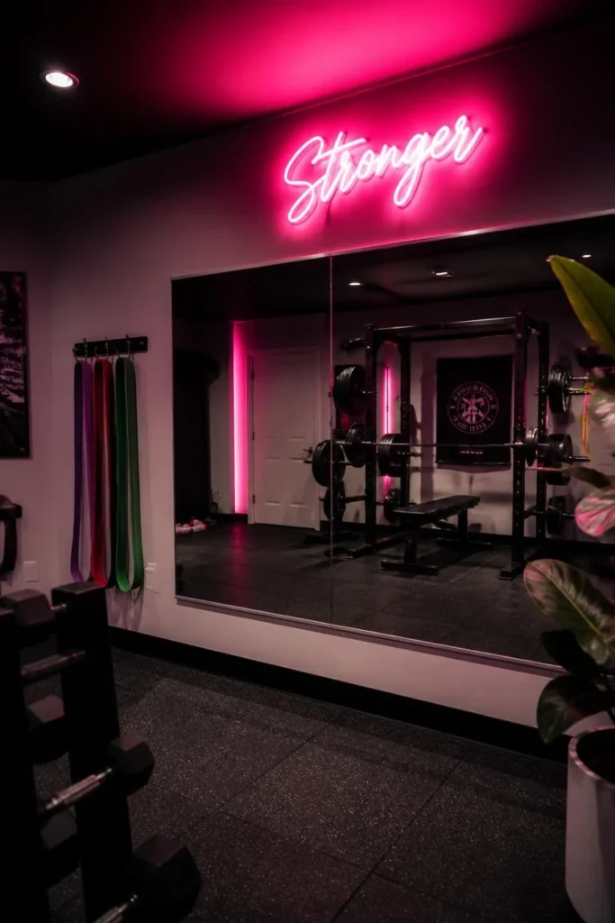 home gym, featuring a pink neon script sign reading a short motivational word