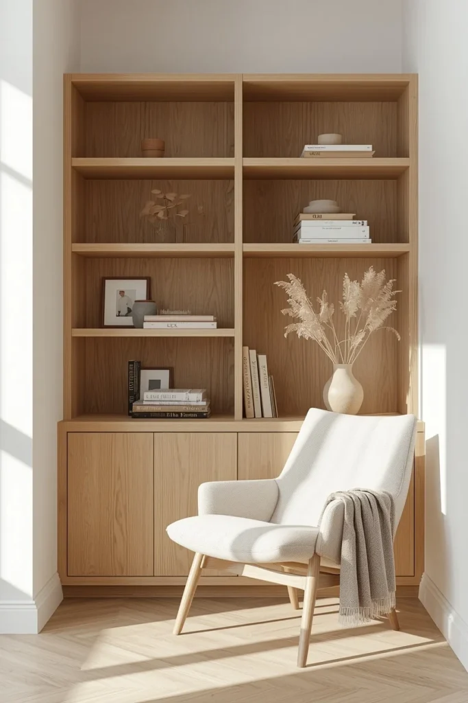 16 Home Library Aesthetic Ideas That Turn Any Corner Into a Reader's Paradise 15 Scandinavian home library corner, featuring light oak open shelving
