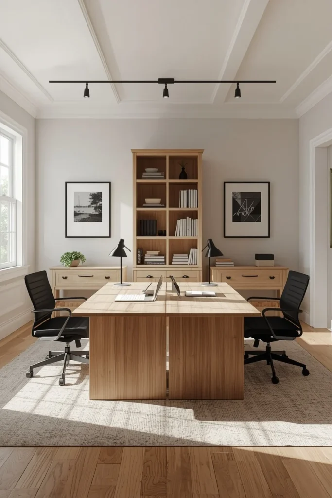 two-desk home office, featuring matching light wood desks