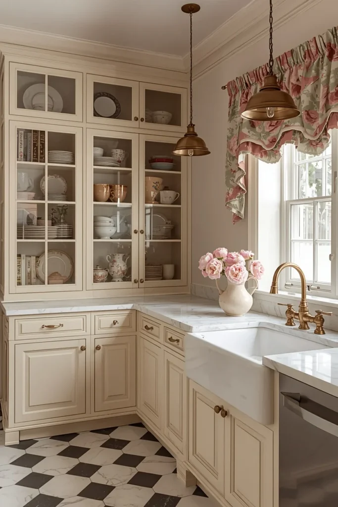 grandmillennial kitchen aesthetic, cream painted inset cabinetry 