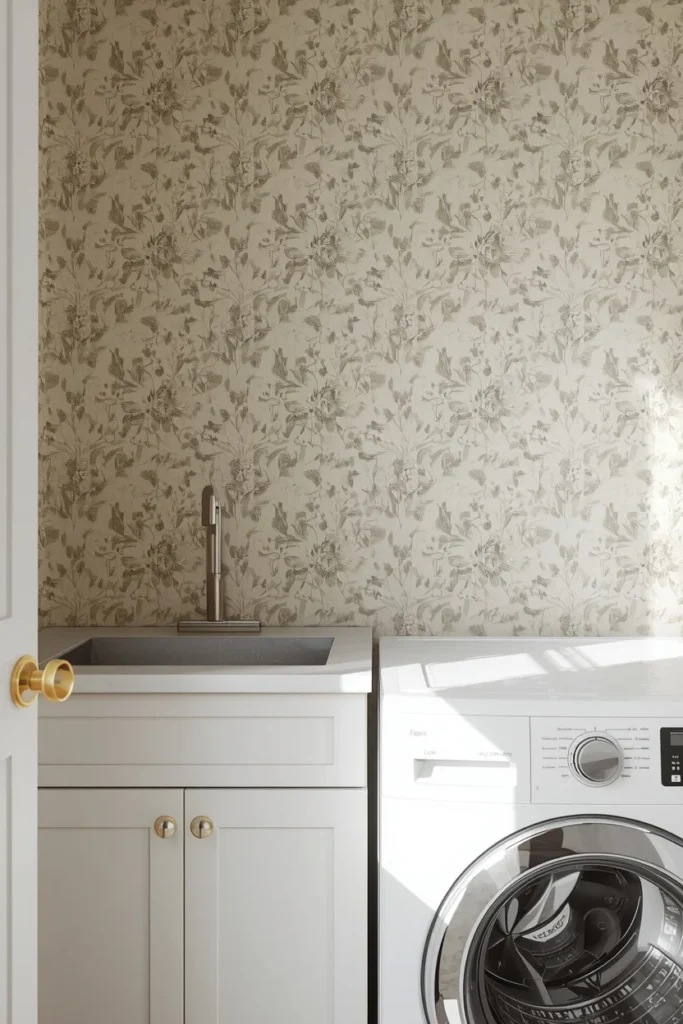 23 Laundry Room Design Ideas That Turn a Chore Space Into a Design Feature 15 wallpapered laundry room, featuring a small-scale botanical wallpaper