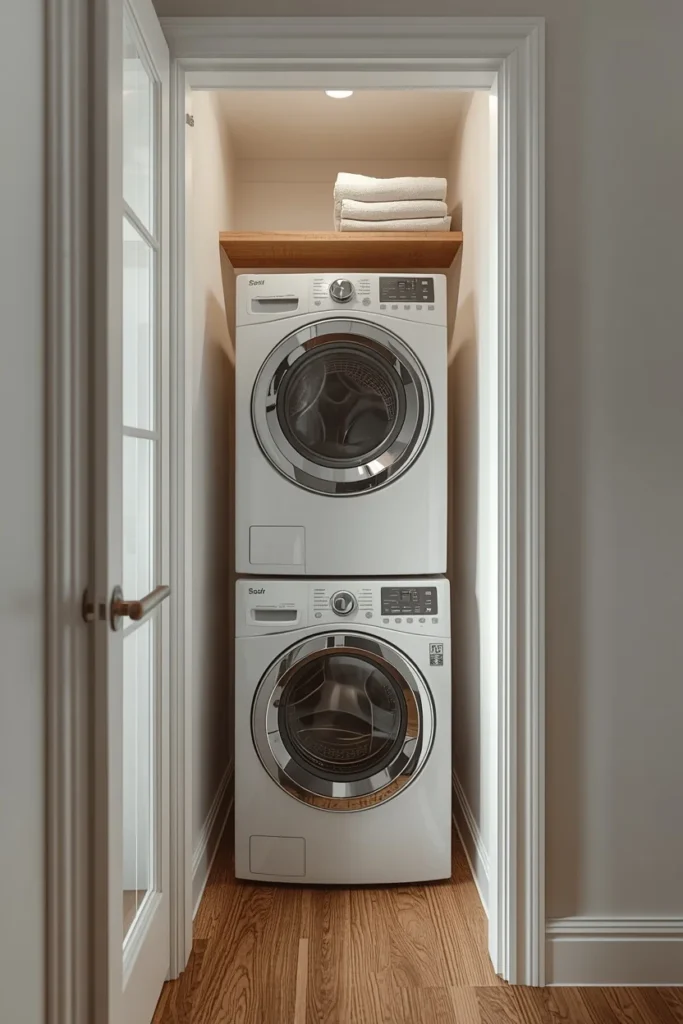 24 Laundry Room Ideas That Make the Most Dreaded Chore Actually Enjoyable 15 small laundry closet, featuring a stacked white washer