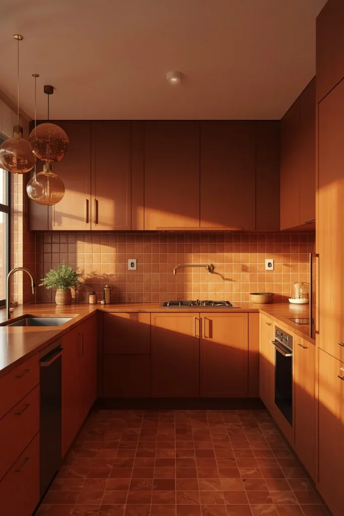 22 Mid Century Modern Kitchen Designs That Are Timeless & Stunning 14 modern kitchen, featuring terracotta-toned cabinetry