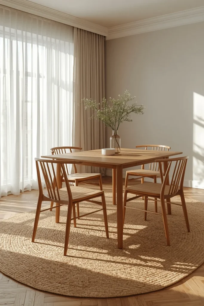 25 Modern Dining Room Ideas That Are Chic, Sleek & Totally Pin-Worthy 15 dining room, featuring a chunky-weave jute rug