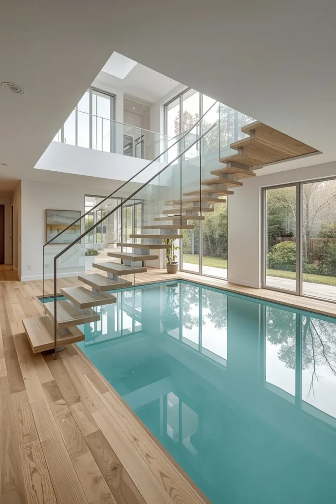  luxury indoor pool with dramatic floating staircase