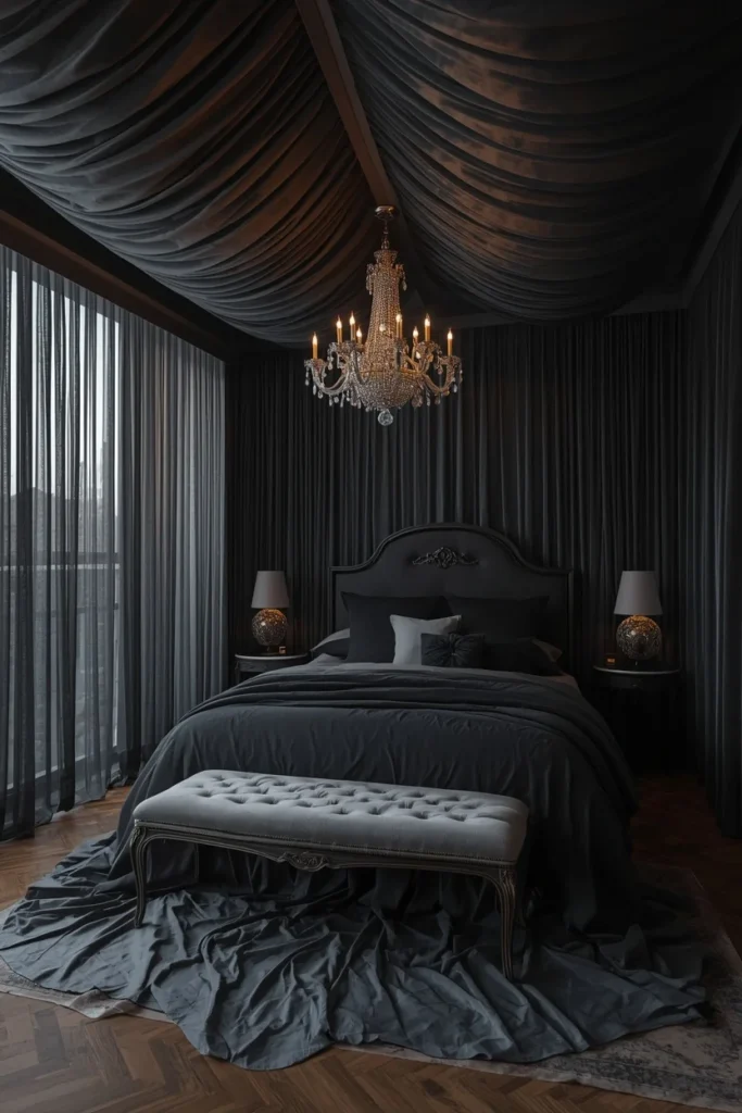 17 Moody Black Bedroom Ideas That Are Hauntingly Beautiful & Chic 15 bedroom, featuring floor-to-ceiling sheer charcoal drapery pooling on the floor,