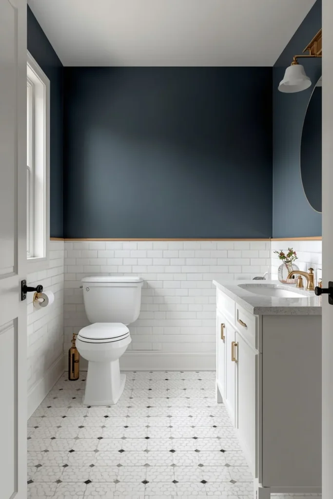 16 Moody Blue Bathroom Ideas That Feel Luxurious & Deeply Relaxing 15 family bathroom, featuring white tile up to chair rail height