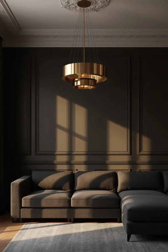22 Moody Living Room Ideas That Are Rich, Dark & Incredibly Inviting 15 living room, featuring a tiered brass disc chandelier