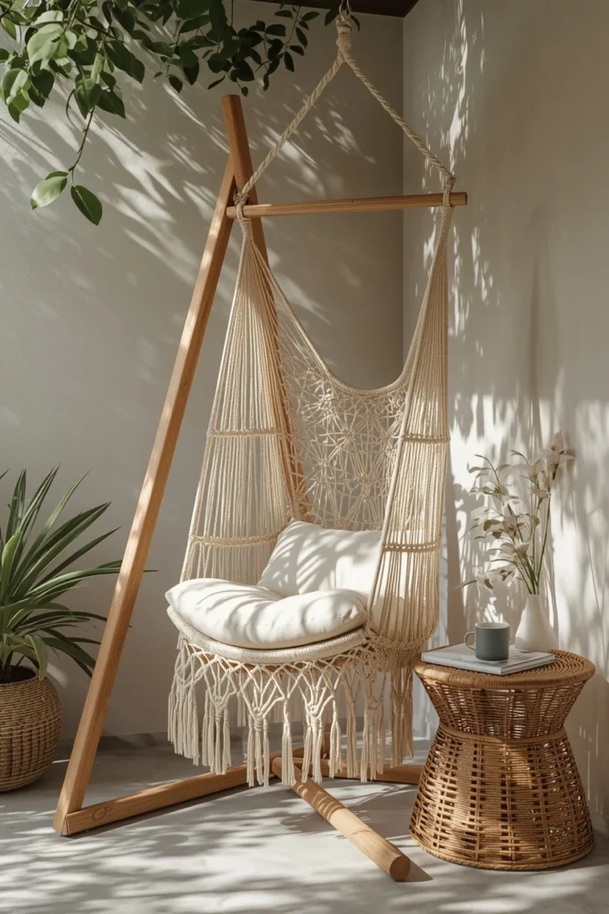 24 Outdoor Patio Furniture Ideas That Are Stylish, Comfy & Weather-Ready 15 patio corner, featuring a cream macrame-style hanging hammock chair