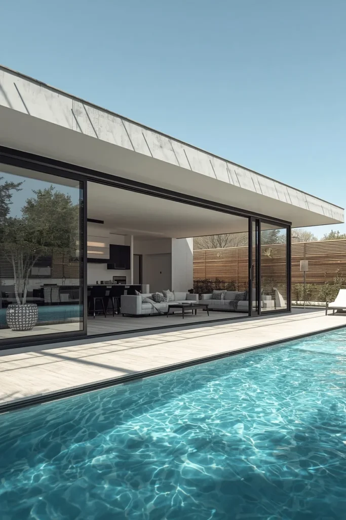 21 Pool House Ideas That Make Your Backyard Feel Like a Luxury Resort 15 glass pool pavilion, featuring retractable glass sliding doors
