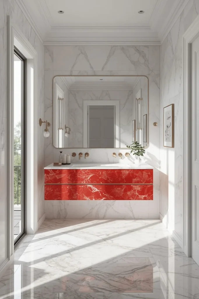 bathroom, featuring predominantly white marble walls